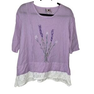 Lady Jane Blouse Womens XXS Lavender Floral Embroidered Lace Trim Crinkle Top